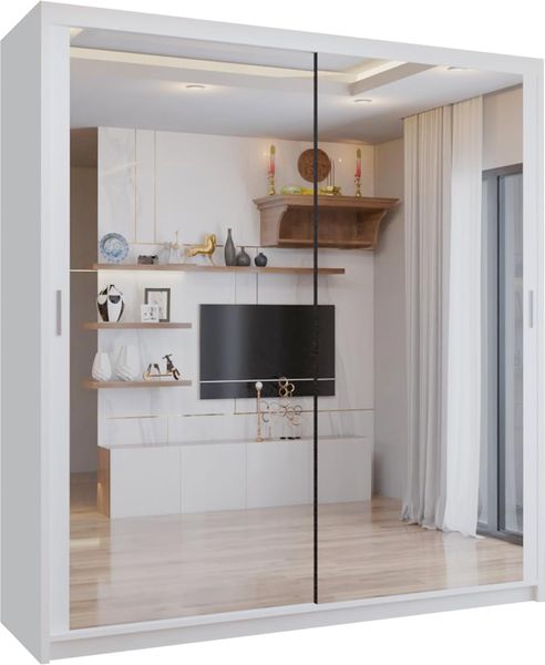 Weisser Schiebetueren-Kleiderschrank mit Spiegeleinsatz und zwei Kleiderstangen, multifunktionale Schlafzimmeraufbewahrung 100x216x62cm