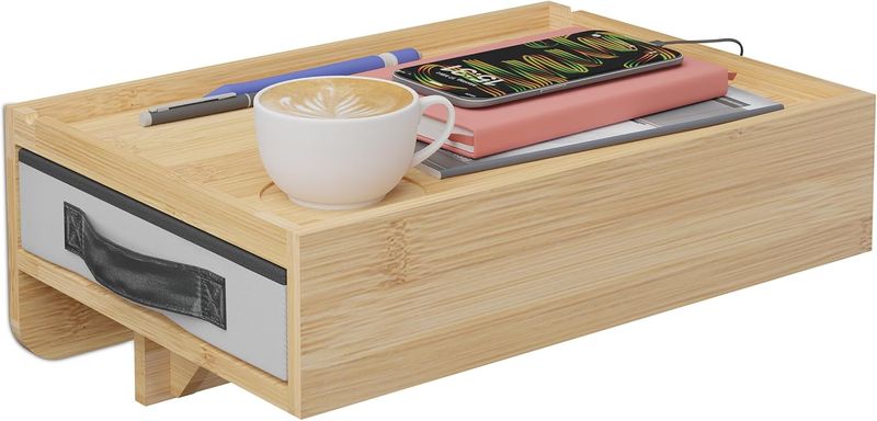 Klemmbarer Bambus Bettablagen-Nachttisch mit Schublade und Getraenkehalter, natuerliche Bambusoptik 14x37x26,5cm