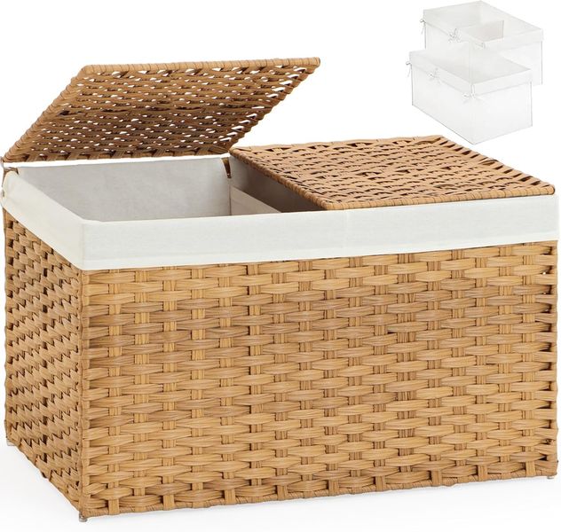 Handgeflochtener Rattan-Weiden Aufbewahrungskorb mit zwei Deckeln, herausnehmbare Einlagen und Tragegriffe, 65L Volumen fuer Schlafzimmer und Waschkueche