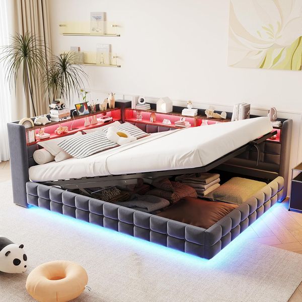 Multifunktionales Polster-Schlafsofa mit hydraulischem Stauraum und integrierter LED-Beleuchtung, Schlafmoebel 140x200cm