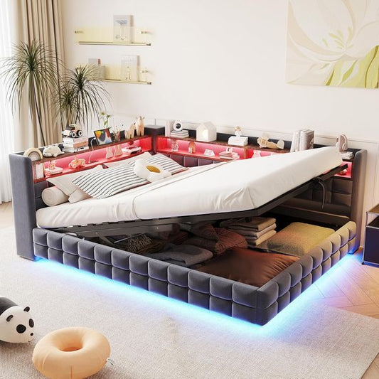 Multifunktionales Polster-Schlafsofa mit hydraulischem Stauraum und integrierter LED-Beleuchtung, Schlafmoebel 140x200cm