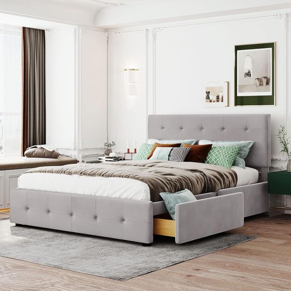 Samtbezogenes gepolstertes Doppelbett mit vier integrierten Staurschubladen, graue Farbgebung 140x200cm