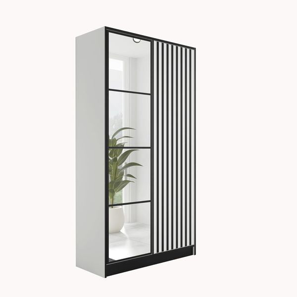 Weisser Garderobenschrank mit Spiegelflaeche, Push-to-Open Tueren und ausziehbarer Kleiderstange, Aufbewahrungsschrank 104,8x205x39cm