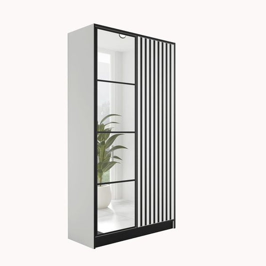 Weisser Garderobenschrank mit Spiegelflaeche, Push-to-Open Tueren und ausziehbarer Kleiderstange, Aufbewahrungsschrank 104,8x205x39cm
