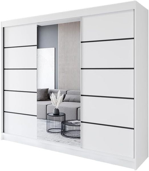 Grosszuegiger Mehrzweck-Kleiderschrank mit Spiegelelementen und Schiebetueren, weisse Oberflaeche, Masse 250x215x58cm