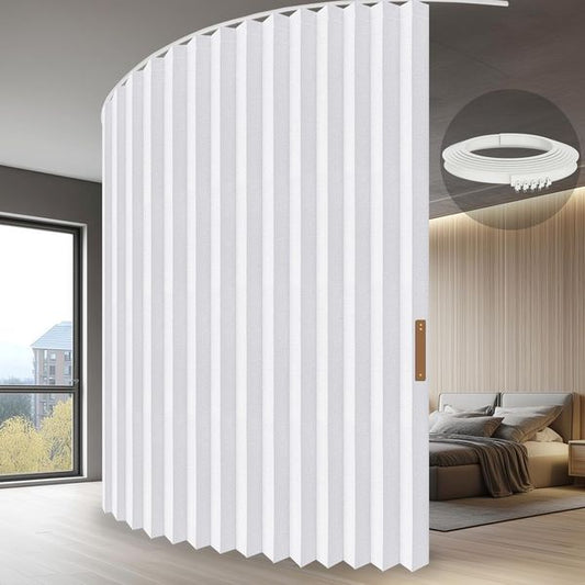 Deckenmontierter lichtdichter Raumtrennvorhang mit Akkordeon-Optik in Weiss, Einzelpackung 243x254cm fuer Raumecken