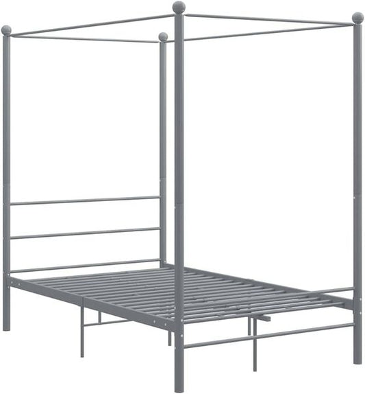 Graues Metall-Himmelbett als Doppelbettkonstruktion mit Lattenrost, metallenes Schlafzimmerbett 140x200cm