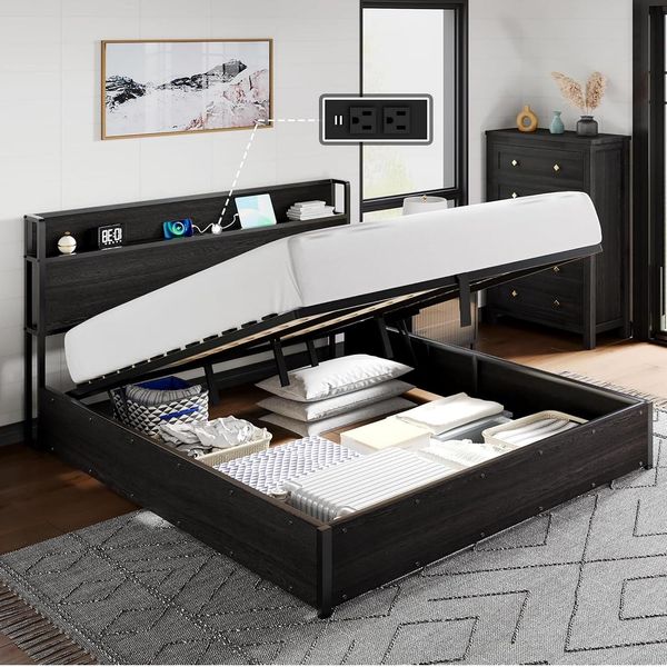 Schwarzes Stauraumbettgestell mit Gasdruckfeder fuer einfache Oeffnung des Stauraums, Schlafzimmerbett 160x200cm