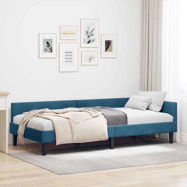 Blauer Stoff-Tagesbettrahmen mit Kopfteil und Lattenrost ohne Matratze, nutzbar als Jugendbett, Gaestebett oder Wohnzimmer-Schlafsofa 80x200cm