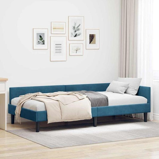 Blauer Stoff-Tagesbettrahmen mit Kopfteil und Lattenrost ohne Matratze, nutzbar als Jugendbett, Gaestebett oder Wohnzimmer-Schlafsofa 80x200cm