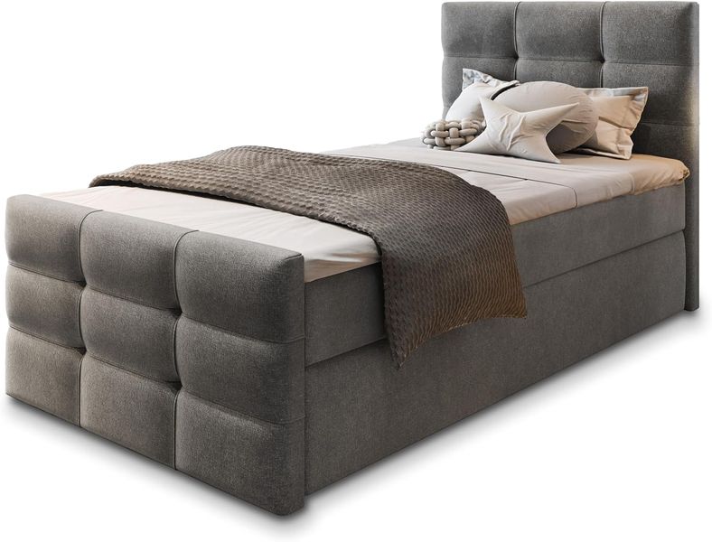 Komplett ausgestattetes Boxspringbett mit Matratze, Topper und zwei Stauraumboxen, graue Polsterung 90x200cm