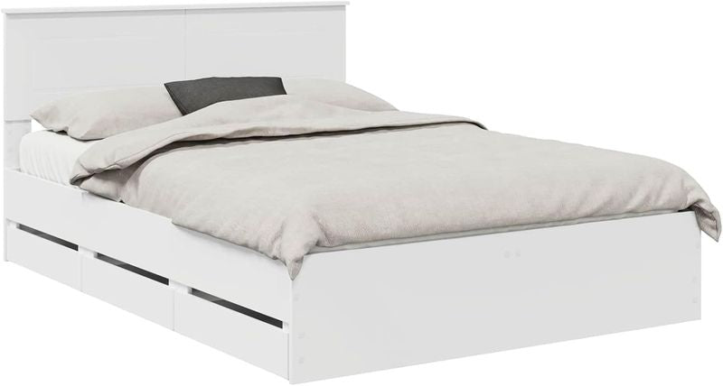 Freistehendes Minimalistisches Bettgestell aus Ingenieurholz mit integrierten Staurschubladen, rechteckige Form, weiss lackiert 160x200cm