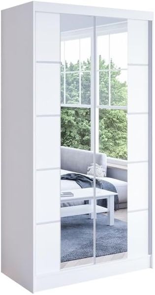 Mehrzweck-Kleiderschrank mit Schiebetueren und Spiegeleinsatz, weisse Ausfuehrung, Aufbewahrungsschrank 100x200x58cm